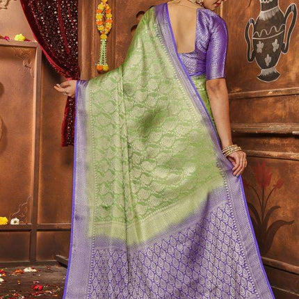 premvastra Women's Pure Silk Brocade Mysore Silk sarees Banarasi Silk Jacquard Zari Work With Unstitched brocket blouse with borders-008 (Green) 