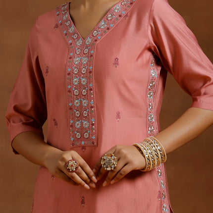 Libas Women's Silk Blend Kurta Sets (GS933_Peach_L) 