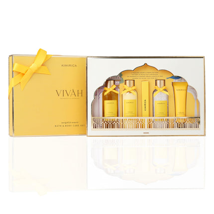 Kimirica Vivah Indulgence Wedding gift set for couple| Uniquely Crafted Wedding Gift contains Shower Gel, Body Lotion, Bath Salt, Eau De Parfum and Hand cream | Luxuriously Scented Marigold & Turmeric | Perfect gift For Weddings | 5 Piece Gift Hamper 