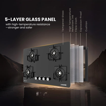 Sunshine Magnite Gas Stove | 4 Burner Glass Hob Top Cooktop | Warranty By Sunshine - 5 Year On Glass & Burner And 10 Year On Valve, Manual Ignition, SABAF, LPG Ready & PNG Compatible (Premium - Black) 