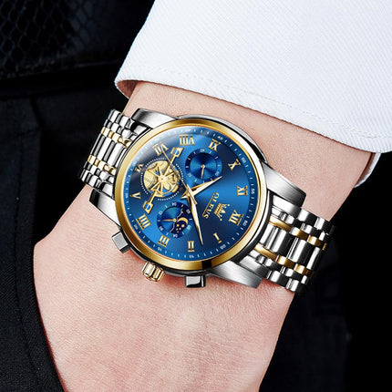 OLEVS Watches for Men Chronograph Business Blue Wrist Watches Analog Quartz Moon Phase Stainless Steel Waterproof Luminous Dress Watches 