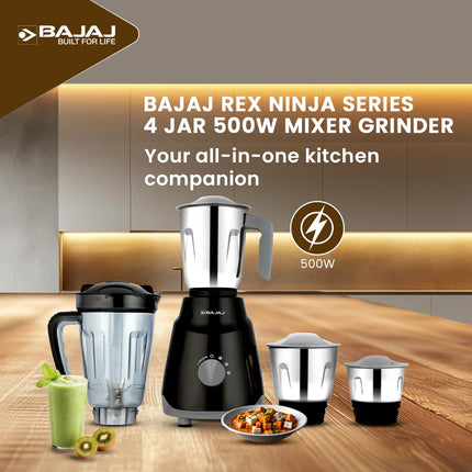 Bajaj Rex Ninja Series 4 Jar 500W Mixer Grinder | DuraCut Blades | 2-In-1 Function Blade In Dry Jar | 2 Yrs Warranty 【Black/Grey】 