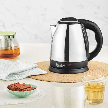 Prestige 1.5 litre PKOSS Stainless Steel Electric Kettle | 1350 Watts| Elegant Design | Cool-touch Handle and Lid | Automatic Cut-Off and Single-Touch Lid Locking. | Silver 