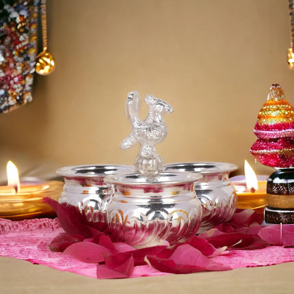 Sigaram German Silver 4x3 Inch Peacock Handle Peacock Handle Panchwala Kum Kum Bharani for Home Pooja Decor K2569 
