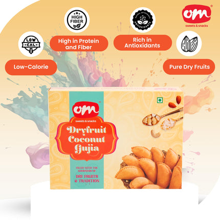 Om Sweets & Snacks Dry Fruit Coconut Gujiya | Gujiya Sweets | Holi Sweets | Fresh Indian Traditional Mithai | Holi Gift Hamper | Ready to Eat | Tasty & Healthy | Gujiya Pack of 2 x 400g 