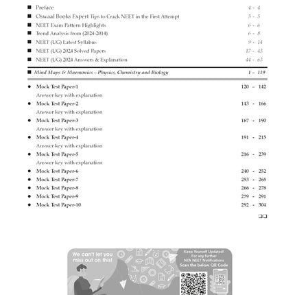 Oswaal NEET (UG) 10 Mock Test Papers PHYSICS, CHEMISTRY & BIOLOGY for 2025 Exam | Based On Latest NTA Pattern (without Choices) 
