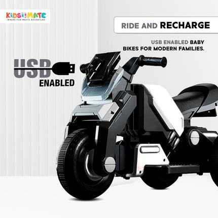 Kidsmate Hyrider 6V Electric Kids Bike with Rechargeable 6.5 Ah Battery Inbuilt Imported Motor Drive | Music Player, Front LED Light & Foot Accelerator Pedal Bike for Ages 1-4 Years (White) 