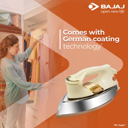 Bajaj DHX-9 1000W Heavy Weight Dry Iron with Advance Soleplate and Anti-Bacterial German Coating Technology, Ivory 