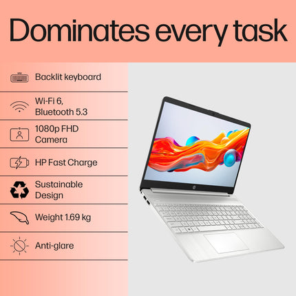 HP 15, 12th Gen Intel Core i5-1235U, 16GB DDR4, 512GB SSD, (Win 11, Office 21, Silver, 1.69kg), Anti-Glare, 15.6-inch(39.6cm) FHD Laptop, Intel Iris Xe Graphics, HD Camera, Backlit Keyboard, fy5009tu 