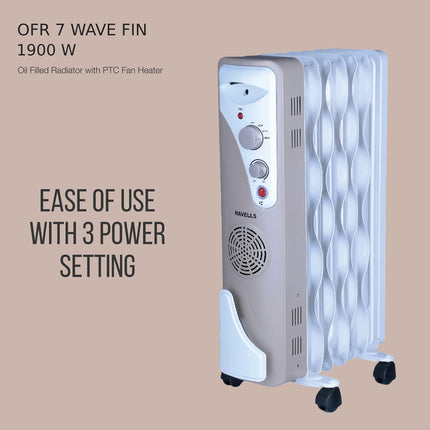 Havells OFR 7 Wave Fins (Oil Filled Radiator) with Fan| Room Heater| 1900 W| 3 Thermostatic Heat Power Settings & PTC Fan Control| Long-Lasting Heat| Comfortable Breathing|Uniform 360° Heating (Beige) 