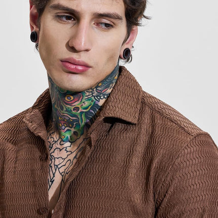 SNITCH Men Casual Shirt | Slim Fit Full Sleeve Classic Collar Textured Design | Premium Polyester Blend & Comfortable Fabric Semi-Formal Events ||Rich Earthy Brown 