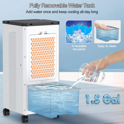 MELOPHY Portable Air Conditioners, Fast Cooling Evaporative Air Cooler, Portable AC for Room w/Lock, 4 Mode/3 Speed/Timer, 1.5 Gal Swamp Cooler with Remote, Windowless Air Conditioner 