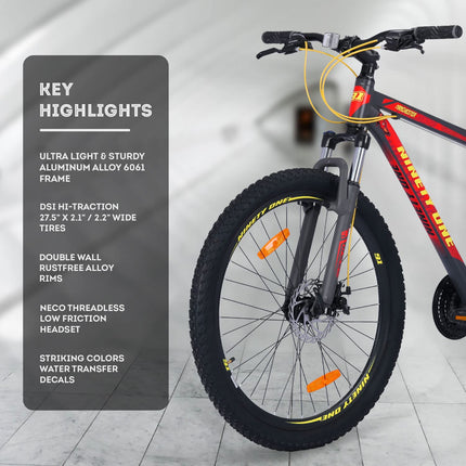 NINETY ONE Limited Edition Manchester 27.5T 21 Speed Shimano ACERA Gears Alloy Bike with Dual Disc Brake Hybrid Bike (Black and Red, 12+ Years, 27.5 x 2.2, 18.5 Inches Frame) for Men 