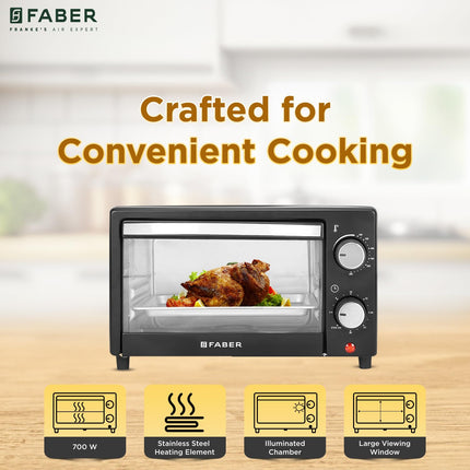 Faber 9L OTG | FOTG 9.0L Neo BK | Bake Tray, Crumb Tray, SS Wire Tray | Timer | Knob Control | Grill, Bake, Toast, Roast | 700W | Operation Indicator | 2 Year Warranty by Faber| Black 