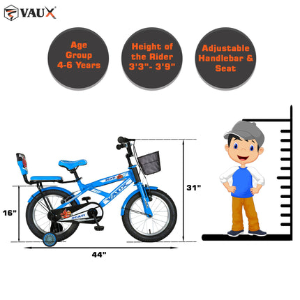 Vaux 2Cati 16T Cycle for Boys with Sidewheels, Basket & Backseat, Bicycle for Kids with Steel Frame, Alloy Rims & Tubular Tyres, Cycle for Kids 4 to 6 Years with Ideal Height 3.3ft to 3.9ft(Blue) 