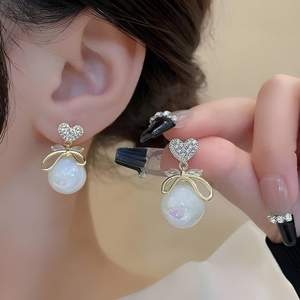 DZOIR Heart Shaped Pave Cubic Zirconia Earrings with Opalescent Bead Drop | Rose Gold Plated Pearl Stud Earrings | Cute Korean-Inspired Jewelry for Women & Girls