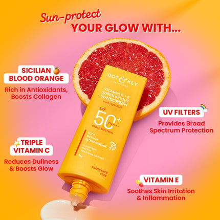DOT & KEY Vitamin C + E Super Bright Sunscreen Spf 50 |Water-Light,UVA/UVB & Blue Light Protection|For Even Toned & Glowing Skin|With Liquid Spf 50+++| No White Cast| For All Skin Types| 50G,Pack Of 1 