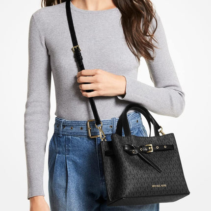 Michael Kors Womens Emilia Small Satchel Crossbody Bag Black Mk Signature, Black, Small 