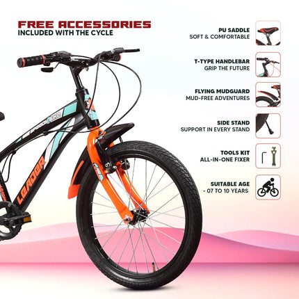 Leader Speedy Bike 20T 7 Speed Kids Cycle | Frame Size 12 Inch | Gear Cycle for Boys & Girls of Ages 7 to 10 Yrs - Black/Orange, Front Suspension 