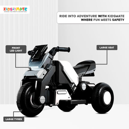Kidsmate Hyrider 6V Electric Kids Bike with Rechargeable 6.5 Ah Battery Inbuilt Imported Motor Drive | Music Player, Front LED Light & Foot Accelerator Pedal Bike for Ages 1-4 Years (White) 