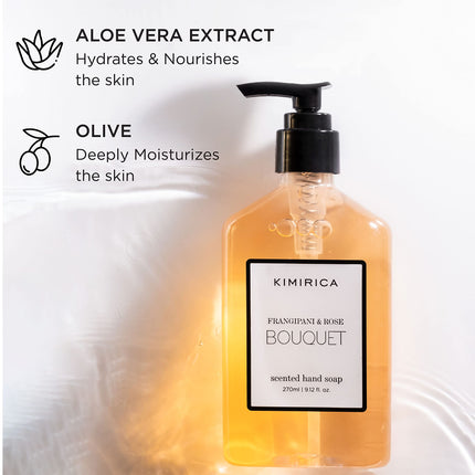 Kimirica Bouquet Luxury Hand Wash | Frangipani and Rose | Skincare Moisturizing | Antibacterial Formula | 100% Vegan & Paraben Free | 270 ml 