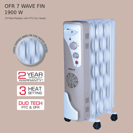 Havells OFR 7 Wave Fins (Oil Filled Radiator) with Fan| Room Heater| 1900 W| 3 Thermostatic Heat Power Settings & PTC Fan Control| Long-Lasting Heat| Comfortable Breathing|Uniform 360° Heating (Beige) 