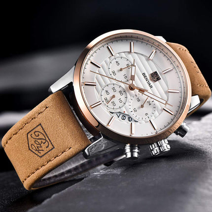 BY BENYAR Quartz Chronograph Waterproof White Dial Business and Sport Design Leather Band Strap Men's Wrist Watch (Brown) 