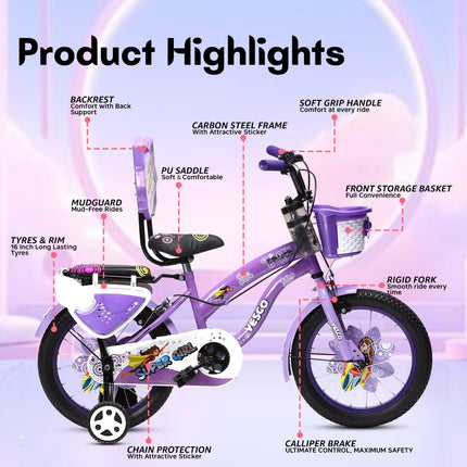 VESCO Super Girl 16T Cycle for Kids Girls with Balance Wheel & Back Carrier | Rigid Fork | Frame 11 Inch | Ideal for 4 to 6 Years Girls Kids Bike (Purple) 