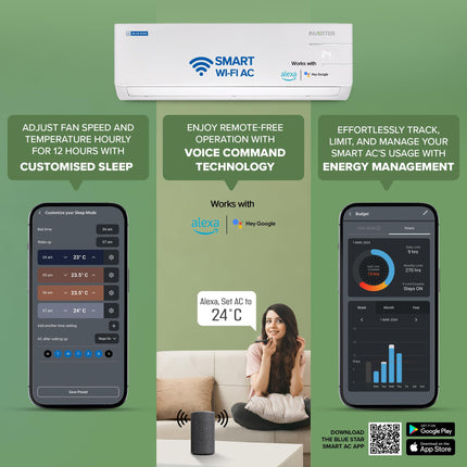Blue Star 1 Ton 3 Star, 60 Months Warranty, Smart Inverter Split AC (Copper, Convertible 5 in 1 Cooling, Multi Sensors, Blue Fins, Self Diagnosis, ID312YNUS, White) 