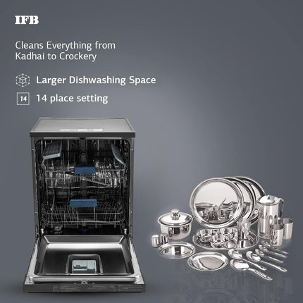 IFB 14 Place Setting 70 Degree Hot Wash Dishwasher (Neptune VX14, Grey, 360 Degree Spray Arm, Washes from Kadhai to Crockery) 