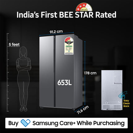 Samsung 653 L, 3 Star, Frost Free, Double Door, Convertible 5-in-1 Digital Inverter, Side By Side AI Enabled Smart Refrigerator with WiFi (RS76CG8003S9HL, Silver, Refined Inox, 2025 Model) 