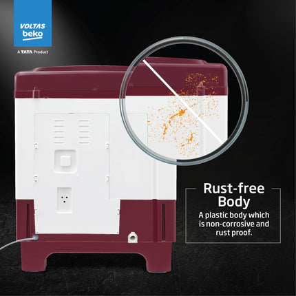 Voltas beko, A Tata Product 6 kg 5 Star Semi-Automatic Top Load Washing Machine With Air Dry (2024 Model, WTT60UNX/OK3R0R0W01, Burgundy, Special Pulsator Technology) 
