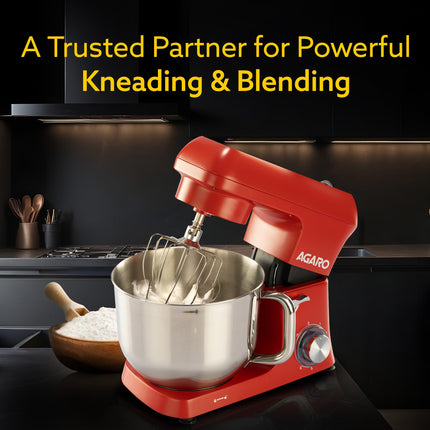 AGARO Supreme Stand Mixer 1500W with 6.2L SS Bowl, 6 Speed Setting, Pulse Function, Die Cast Aluminium Body, Copper Motor, Whisk, Mixing Beater, Dough Hook, Transparent Bowl Cover, Red 