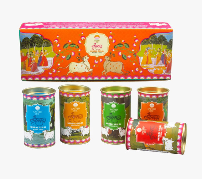 Sacred Life Vrindavan Herbal Gulal Holi Colour Orange Red Green Blue and Yellow Parijat Tesu Marigold Blue Lotus Tulsi Rose Petals 75gm Natural Skin-Friendly Herbal Gulal Handmade and Non-Toxic 