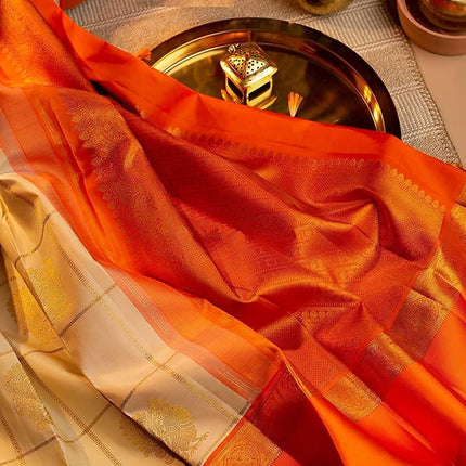 SGF11- Women's Kanjivaram Soft Lichi Silk Saree With Blouse Piece (White Orange) 