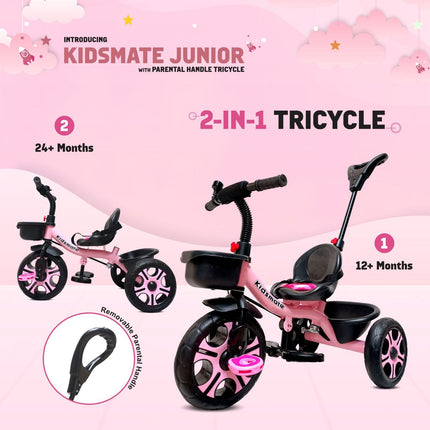 Kidsmate Junior Tricycle for Kids with Parental Control | Cycle for Kids 1-4 Years | Baby Cycle | Bicycle for Kids with Storage Basket, Cushion Seat and Seat Belt Carrying Capacity 30 Kgs (Pink) 