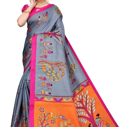 Kanooda Prints Women's Fancy Mysore Art silk Printed Saree Ethnic Flower Pattern_3156_Mysore_Grey 
