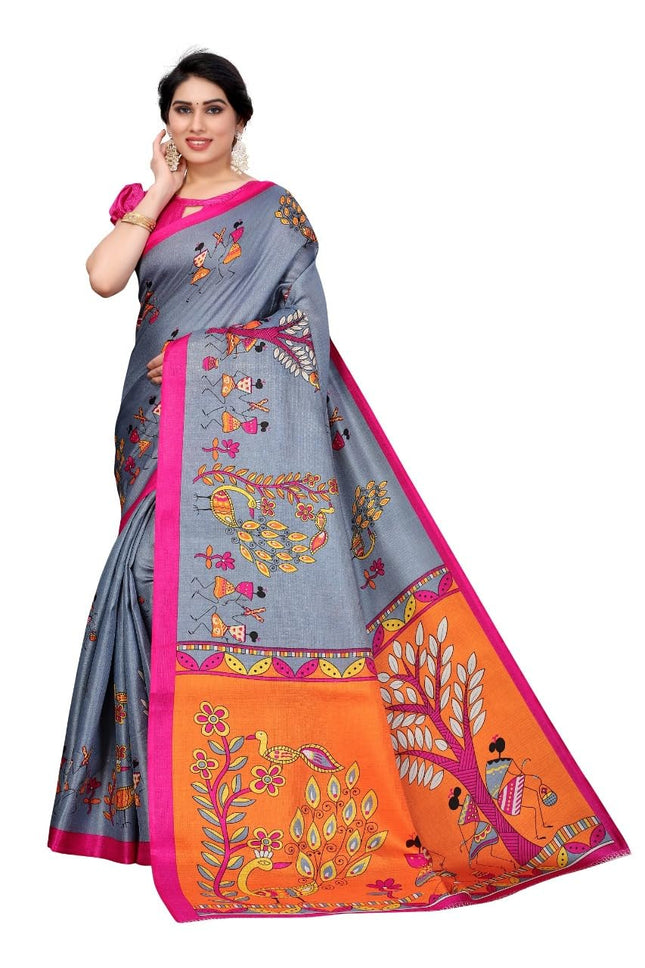 Kanooda Prints Women's Fancy Mysore Art silk Printed Saree Ethnic Flower Pattern_3156_Mysore_Grey 