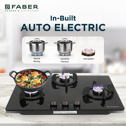 Faber 3 Burner 70cm Hob |Auto-Ignition| HOB PRIME HT703 CRS BR CI AI |Metal Knobs| Cast Iron Pan Support |Hob/Cooktop Hybrid| Black Glass Finish |5 Yr Warranty on Glass,Valve & 2 Yr on Burner by Faber 