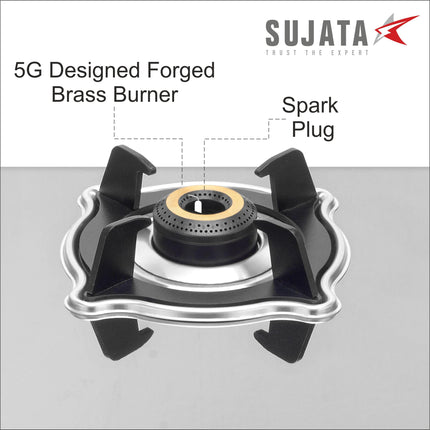 Sujata Sterno Auto Ignition Gas Stove | 9 Years Warranty | Gas Stove 4 Burners Steel Body, SABAF, ISI Certified, LPG & PNG Compatible, Jumbo Brass Burners (Stainless Steel) 