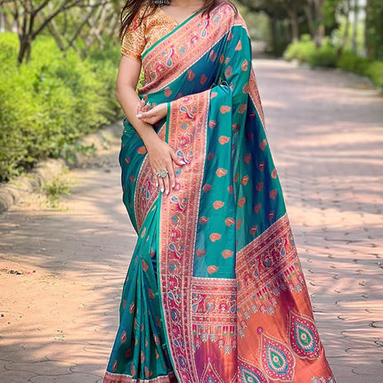SGF11 Women's Kanjivaram Paithani Soft Silk Sarees For Womens With Blouse Piece (Rama Green) 