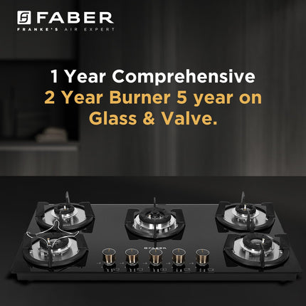 Faber HOB 5 Burner | Auto Ignition | Spillage Proof | HOB SUPERIA HT905 BR AI | Concealed Chamber | Metal Knobs | Pan Support | Black Glass Finish |5 Yr Warranty On Burner & Glass | 1 Yr Comprehensive 
