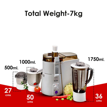 Sujata Powermatic Maxima Juicer Mixer Grinder|900 Watts Double Ball Bearing Motor|22000 RPM|Non-Stop 90 Mins Running|3 Jars including 1750ml Blender, 1000ml Grinder, 500ml Chutney Jar| (White) 