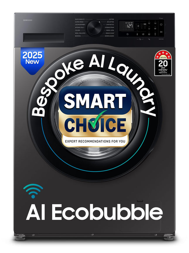 Samsung Smart Choice 12 kg, 5star, AI Ecobubble, Super Speed, Wi-Fi, Hygiene Steam with Inbuilt Heater, Digital Inverter, Fully-Automatic Front Load Washing Machine (WW12DG5B24AXTL, Inox) 