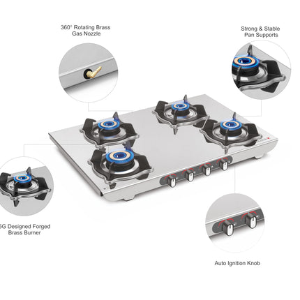 Sujata Sterno Auto Ignition Gas Stove | 9 Years Warranty | Gas Stove 4 Burners Steel Body, SABAF, ISI Certified, LPG & PNG Compatible, Jumbo Brass Burners (Stainless Steel) 