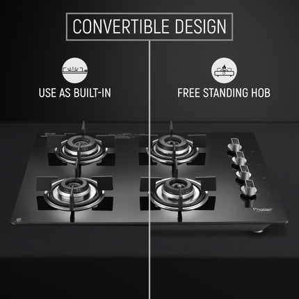Prestige Efficia Convertible 4 Burner Glasstop Hob|One-Touch Advance Auto-Ignition|Cast-Iron Pan Support|Toughened Glass|SABAF Burners|Ultra-Slim Body|5 Years Warranty on Glass|Black 