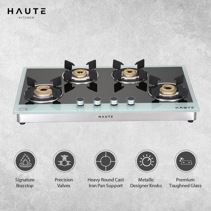 Haute Kitchen Haute Evoque Series 2.0 X Sabaf Black&White 4 Burner Manual Ignition Glass Gas Stove |8MM Atom Glass || Door Step Service | 5 years warranty on Burner, Glass, Valves By Haute Home 