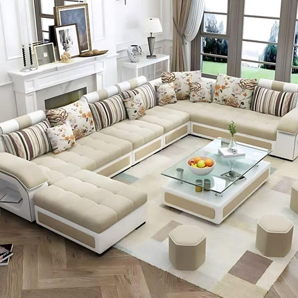 Torque - Silvester 12 Seater U Shaped Sofa for Living Room (Left Side, Beige & White) | Large 12-Seater Couch Set with Cushion and Stool | Fabric Sofa for Hall Festival Gifts 