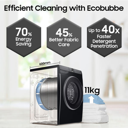 Samsung 11 kg, AI Control, Super Speed, Wi-Fi, Hygiene Steam with Inbuilt Heater, Digital Inverter, Fully-Automatic Front Load Washing Machine (WW11CG604DLBTL, BLACK CAVIAR) 