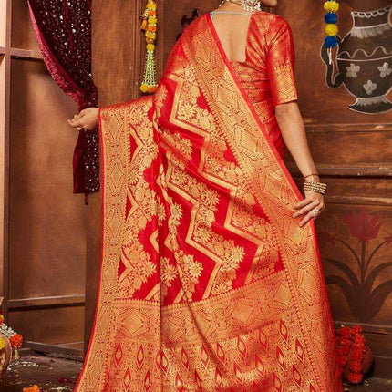 premvastra Women's Pure Silk Brocade Mysore Silk sarees Banarasi Silk Jacquard Zari Work With Unstitched brocket blouse with borders-018 (Red) 